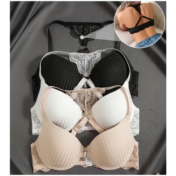Other - 3pcs Elegant Lace Front Closure Push Up Bra Set White Black & Nude Size 38D NWT